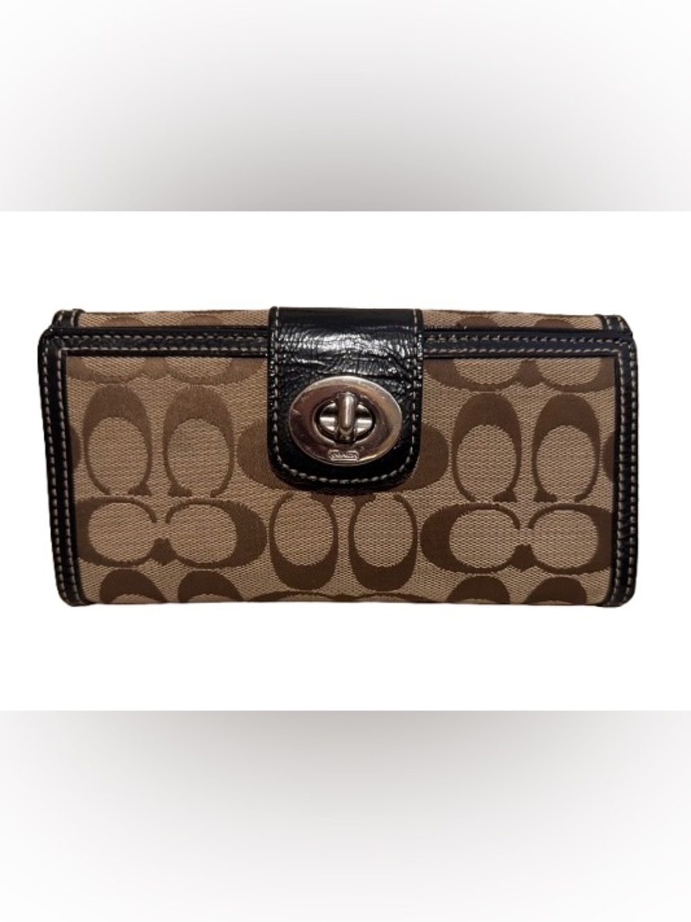 Coach Y2K Turnlock Signature Long Wallet (Khaki/Black) - EUC